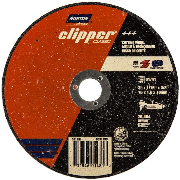Norton Abrasives Type 1, 3 in Dia, 1/16 in Thick, 3/8 in Arbor Hole Size, Aluminum Oxide 70184601481 - main